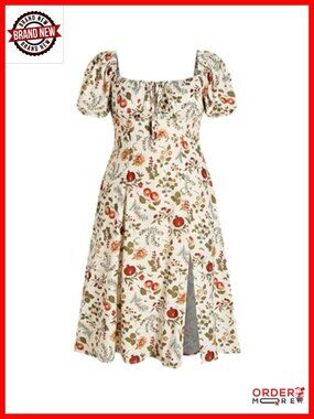 Plus Size Midi Dress Floral Fruit Square Neck Puff Sleeve Split Sun Dress